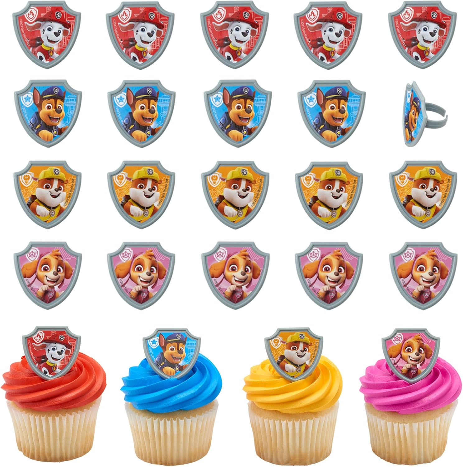 DecoPac Paw Patrol Reporting For Duty Rings, Cupcake Decorations Featuring Chase, Marshall, Skye, And Rubble - 24 Pack