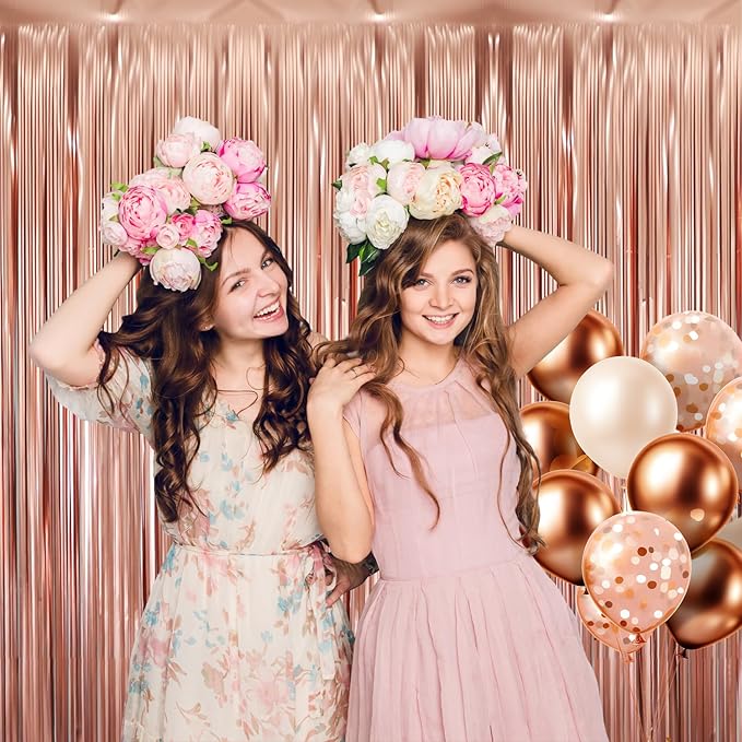 GOER 3.2 ft x 9.8 ft Metallic Tinsel Foil Fringe Curtains for Party Photo Backdrop Wedding Decor (4 Pcs,Matte Rose Gold), One Size