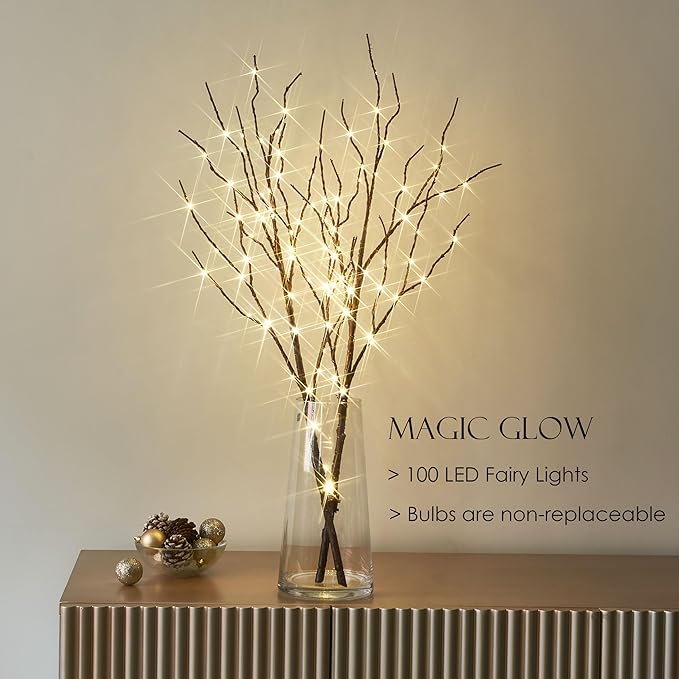 BAOLITVINE Lighted Willow Branches with Timer Battery Operated 100 LED Fairy Lights, Brown Twig Branches 32IN for Home Bedroom Fireplace Christmas Decoration Inside Outdoor