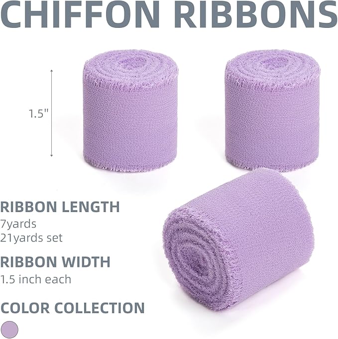 Purple Lavender Handmade Chiffon Ribbon,1.5" x 21Yd Frayed Silk Ribbons for Wreaths Bridal Flower Bouquet Christmas Gift Wrapping Wedding Decor Invitations Decorations (7Yards X 3 Rolls)