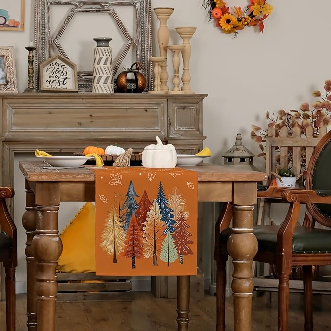 GEEORY Fall Watercolor Tree & Maple Leaves Table Runner 13x36 Inch, Rustic Farmhouse Autumn Thanksgiving Decor for Kitchen, Dining, Indoor/Outdoor Holiday Dinner Party Orange GT158-36