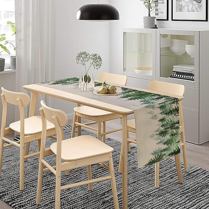 Foggy Forest Table Runner,Green Forest Natural Landscape Table Runner for Kitchen Dining Table Home Party Decoration 13x72 Inch