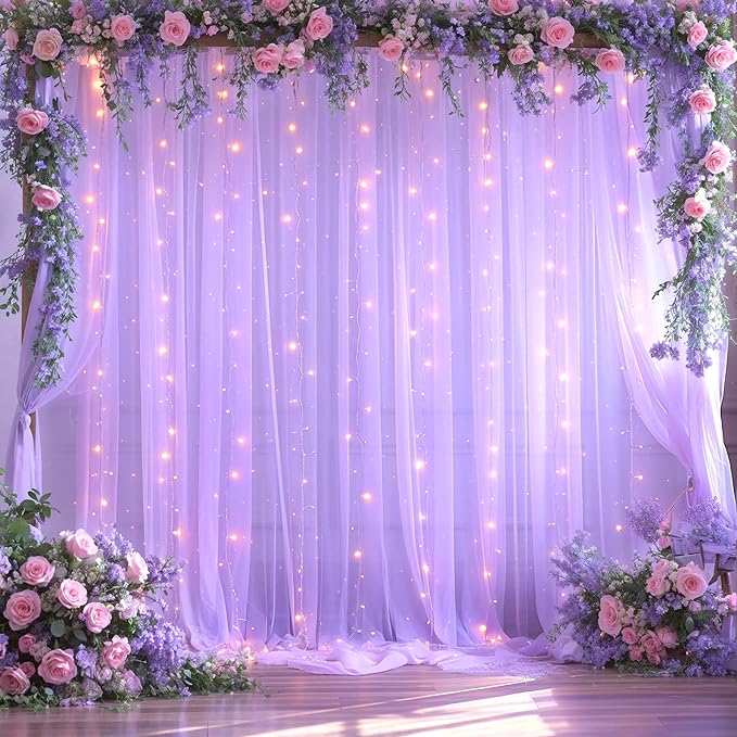 Lavender Tulle Photo Backdrop Curtain with Lights String for Parties Wedding Bridal Shower Sheer Lavender Curtain Backdrop for Birthday Baby Shower Photo Booth Photography 10ft x 8ft