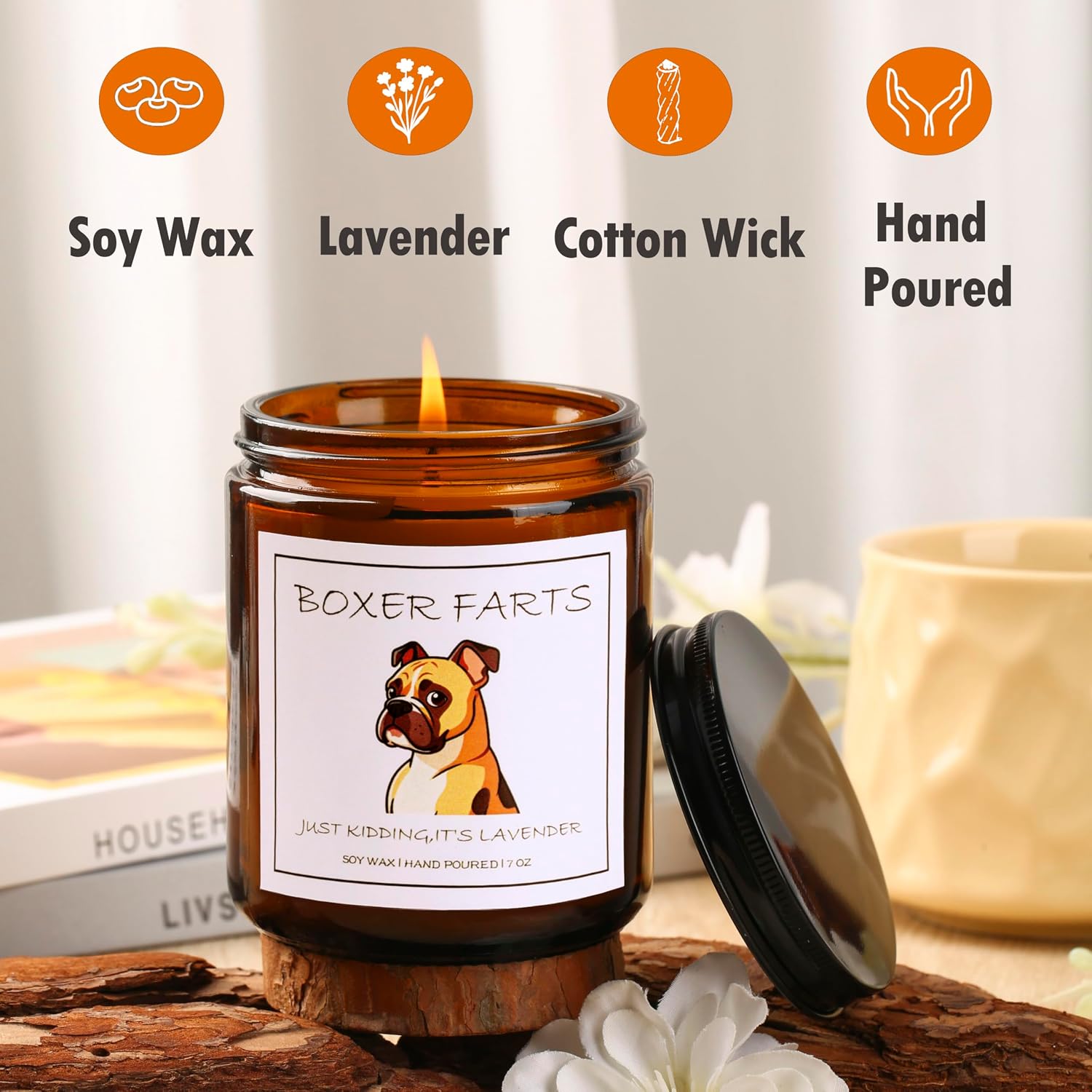 Boxer Dog Gifts & Decor, Boxer Gifts - Dog Mom Gift, Boxer Farts Candle, Natural Soy Wax Lavender Scented Candle 7oz