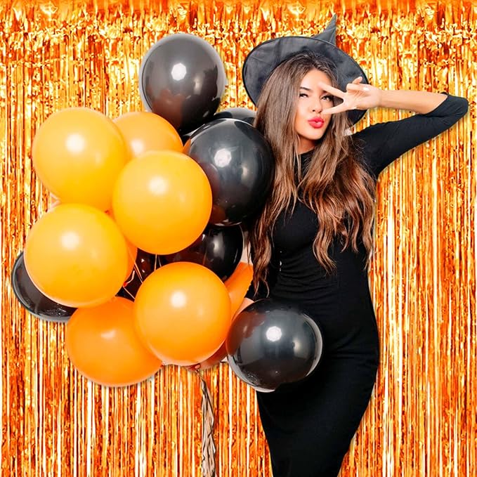 6 Pack Orange Foil Fringe Curtains Backdrop, 3.28 x 8.2 Ft Metallic Streamers Tinsel Curtains Background for Photo Booth, Birthday, Weddings, Carnivals, Graduation, Themed Party Decorations