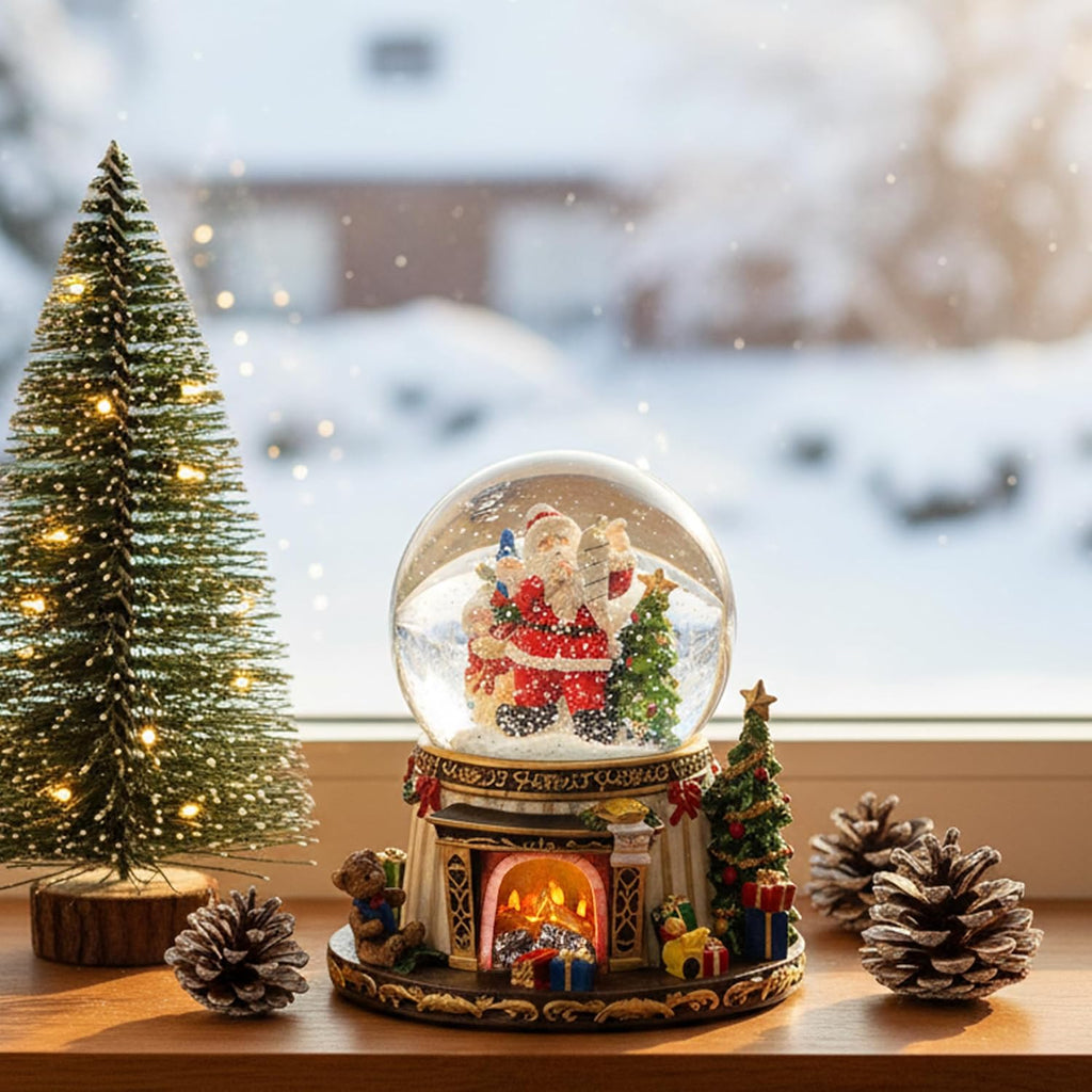 Santa Claus Fireplace Musical Snow Globe,Automatic Snowfall & Fireplace Flame Music Box,Christmas Home Decoration,Ideal Gifts for Family, Girlfriend, Friends,Plays 8 Classic Christmas Tunes