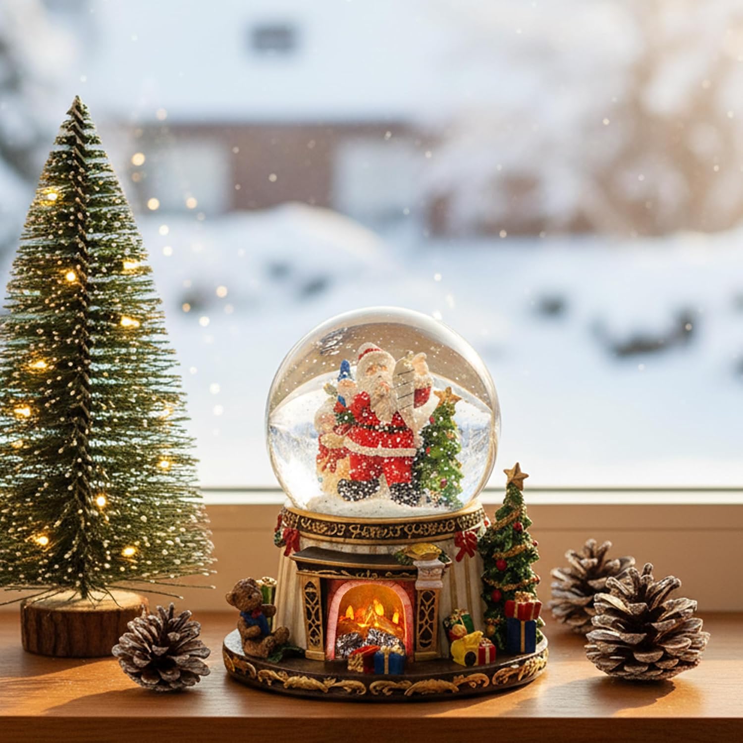 Santa Claus Fireplace Musical Snow Globe,Automatic Snowfall & Fireplace Flame Music Box,Christmas Home Decoration,Ideal Gifts for Family, Girlfriend, Friends,Plays 8 Classic Christmas Tunes