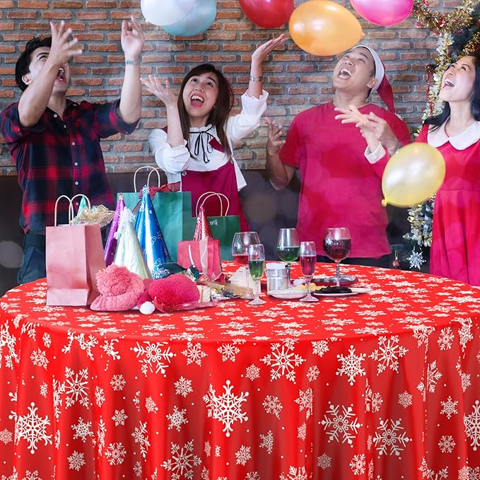 3 Pieces Christmas Snowflake Plastic Party Tablecloth Decorations, Disposable White Snowflake Red Xmas Round Table Cover Backdrop for Winter Christmas Holiday New Year Party Supplies,84 inch (Red)