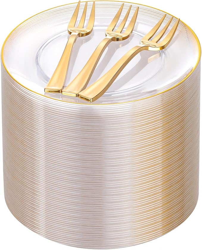 Festiva 200Pcs Clear Plastic Dessert Plates Disposable 6.3" with Plastic Forks 5" - Small Clear Plates-Dessert/Cake/Appetizer Plates for Thanksgiving/Christmas Party & Wedding - Serve for 100Guests