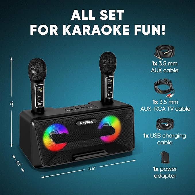 MASINGO Karaoke Machine for Adults and Kids with 2 Wireless Microphones, Portable Bluetooth Singing Speaker, Colorful LED Lights, PA System, Lyrics Display Holder, and TV Cable. Presto G2