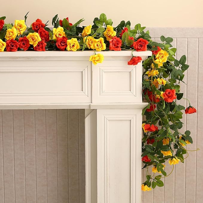 Floweroyal 4 Pack Artificial Flower Garlands 15.8FT Fake Rose Vines Silk Flowers Hanging Rose Ivy for Wedding Arch Party Home Garden Wall Decor (Orange Yellow)