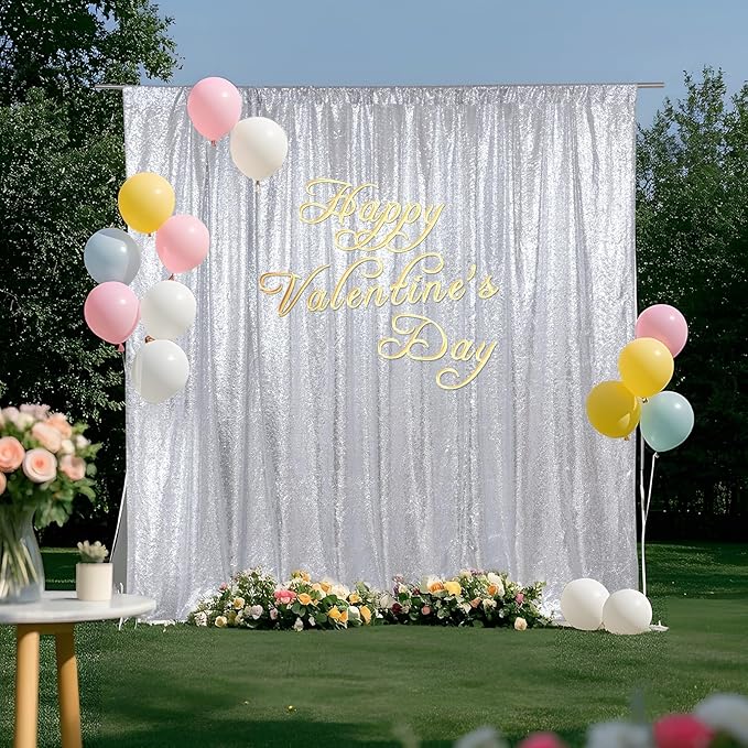 SquarePie Sequin Backdrop Curtain Not See Through Thick Glitter Background for Party 8FT x 10FT Silver