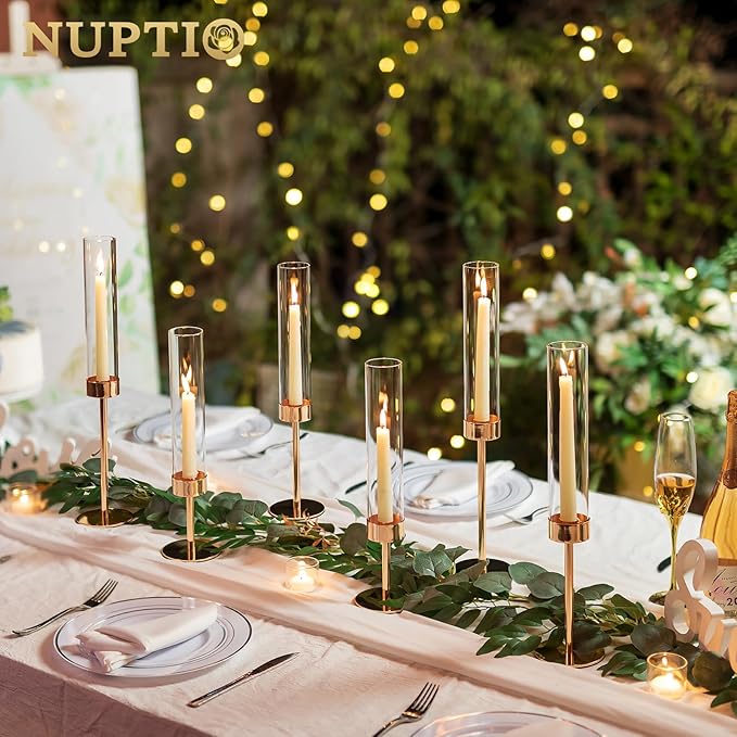 NUPTIO Hurricane Candle Holder for Candlestick: 6 Pcs Gold Taper Candlestick Holders - Tall Modern Candles Stick Decor with Cylinder Shape Cover for Dinner Table Centerpiece
