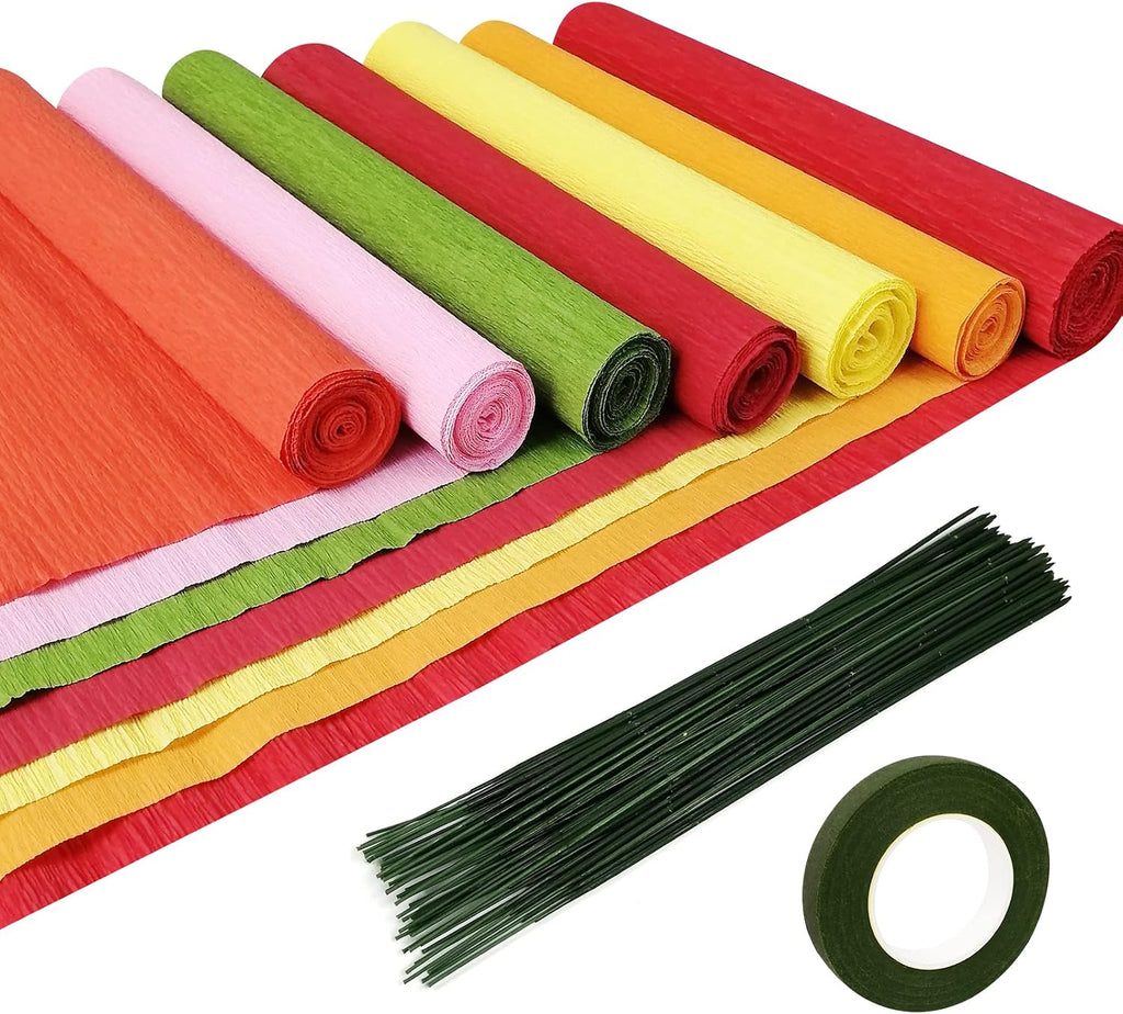 Cieovo Crepe Paper Flower DIY Kits, 7 Rolls Rainbow Bright Colors Crepe Paper Rolls Green Floral Tape and 50 Green Floral Iron Wire for Wedding Festival Party Wreath Making Supplies DIY Flower Crafts