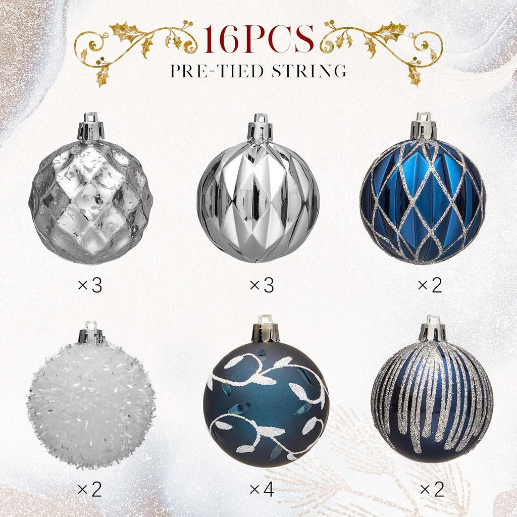 JORNOY Blue and Silver Christmas Ornaments Set, 16ct Shatterproof Christmas Ball Ornaments Bulk for Xmas Decorations - 2.36 inch Plastic Decoative Hanging Ornaments for Xmas Tree Decor (Blue & Silver)