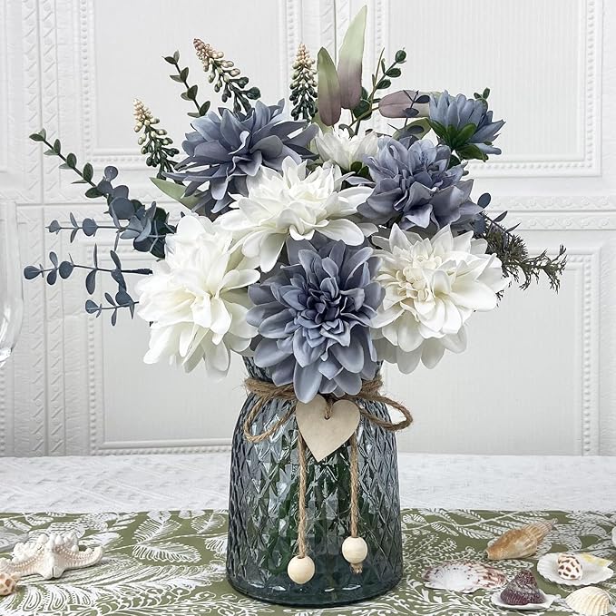 Fake Flowers in Vase,8 Dahlias,Silk Artificial Flowers in Vase,Centerpiece Table Decorations,Faux Flowers in Vase with a Flower Arrangement Holder