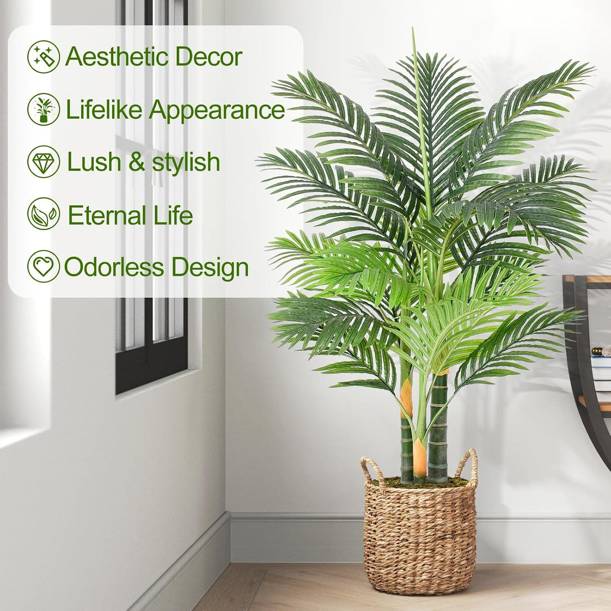 4ft tall triple golden cane palm artificial tree, side view