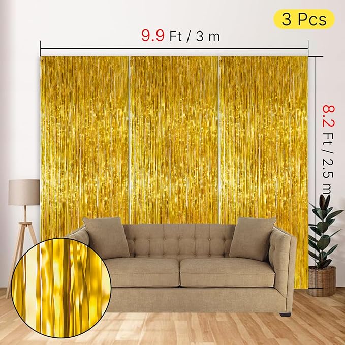 PartyWoo Gold Streamers Curtain Backdrop 3pcs Foil Fringe Curtain 8.2FT Gold Tinsel Fringe Backdrop Photo Booth for Bachelorette Baby Shower Graduation Wedding Birthday Anniversary Party Decorations