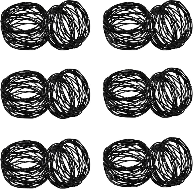 Handmade Round Mesh Black Napkin Rings Holder for Dinning Table Parties Everyday, Set of 12