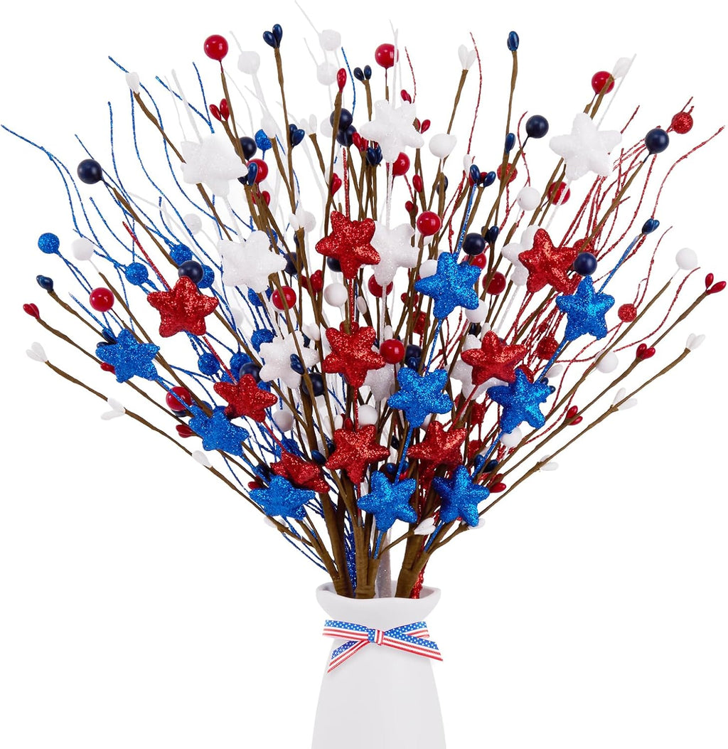 6 Pack 4th of July Patriotic Artificial Berry Stem Picks Red White and Blue Stars Flowers Decoration for Independence Day, Pentagram Faux Berry Branches for Home Office Restaurant Vase Decor