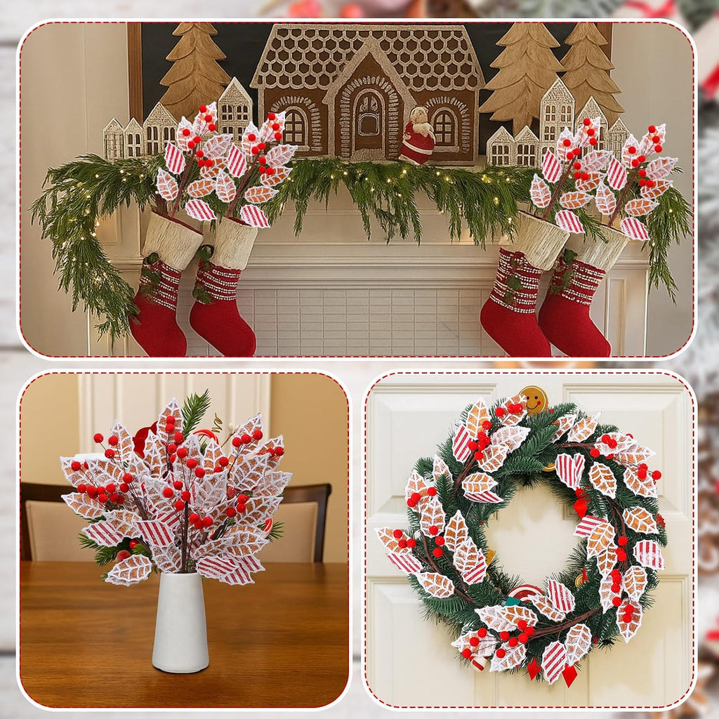 Sosation 6 Pcs 17 Inch Gingerbread Christmas Decorations Gingerbread Tree Topper Picks and Leaf Spray with Red Berries Brown Christmas Tree Picks with Snowflakes for Holiday Wreath Decor Topper Home