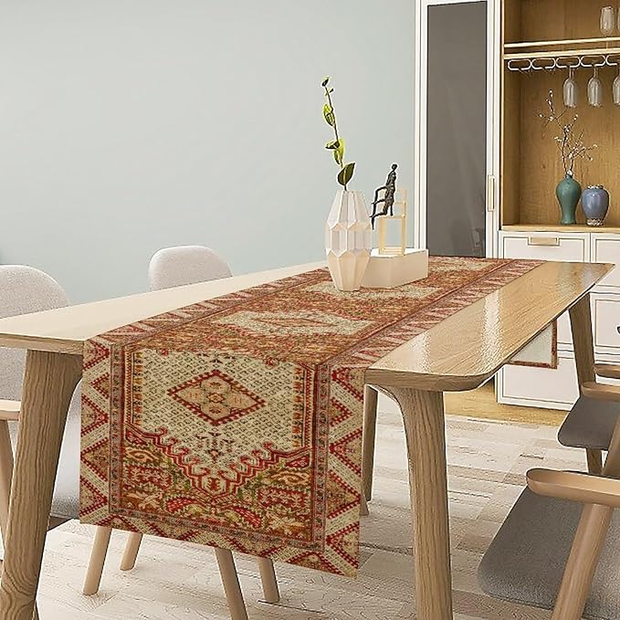 Boho Bohemia Style Orange Table Runner, Country Rustic Farmhouse Magical Abstract Print Pattern for Home Kitchen Table Decor Dining Coffee Room Garden Party Decor 13x72in