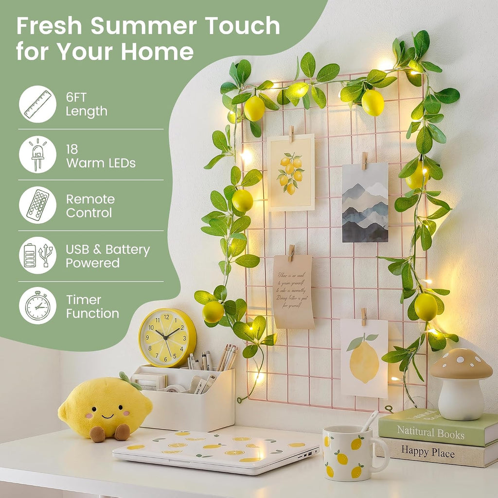 HEYFUNi 18 Led 6FT Lemon Garland Vine with Lights, USB & Battery Operated | Faux Lemon Vine with Remote, Timer, 8 Modes, 4 Brightness & Speed, Artificial Vine for Decoration, Mantel, Table,Summer Decor