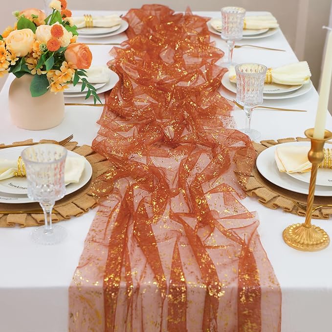 Snowkingdom 10 FT Fall Thanksgiving Table Runner Terracotta Gold Table Runner Burnt Orange Rust Sheer Chiffon Gauze Cheesecloth Golden Sequin Metallic Boho Table Decorations for Wedding Birthday