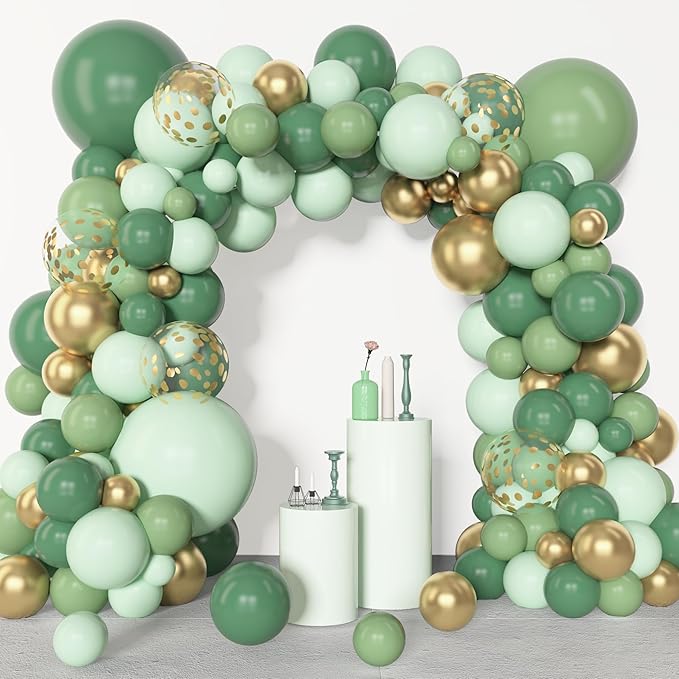 Amandir 153pcs Sage Green Balloon Garland Arch Kit, Different Sizes 18 12 10 5 inch Sage Green Gold Latex Metallic Confetti Gold Balloons for First Communion Safari Baby Shower Baptism Decorations