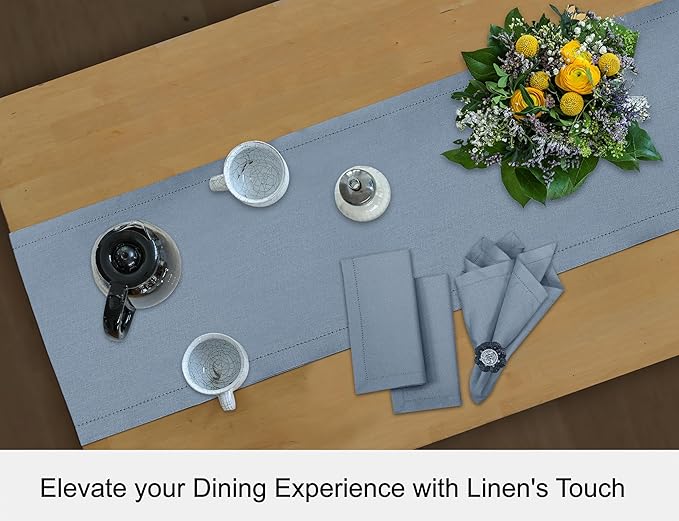 Ruvanti Linen Table Runner 60 Inches, Classic Hemstitch, Washable, Reusable, Non-Slipping, Stain Resistant- Perfect for Parties, Weddings, Dinners, Thanksgiving, Christmas, Indoor use – Grey