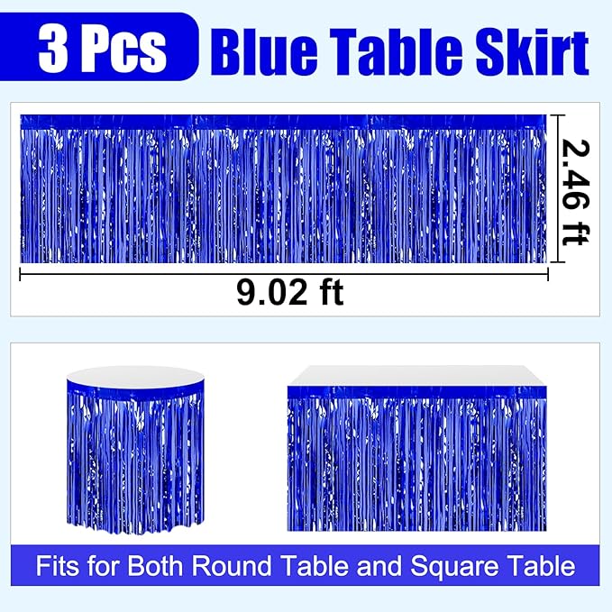 3 Pack 29 x108 Inch Blue Foil Fringe Table Skirts Metallic Banner for Tinsel Streamer Garland Backdrop for Parade Floats Wedding Thanksgiving Birthday Christmas Halloween New Year Party Decoration