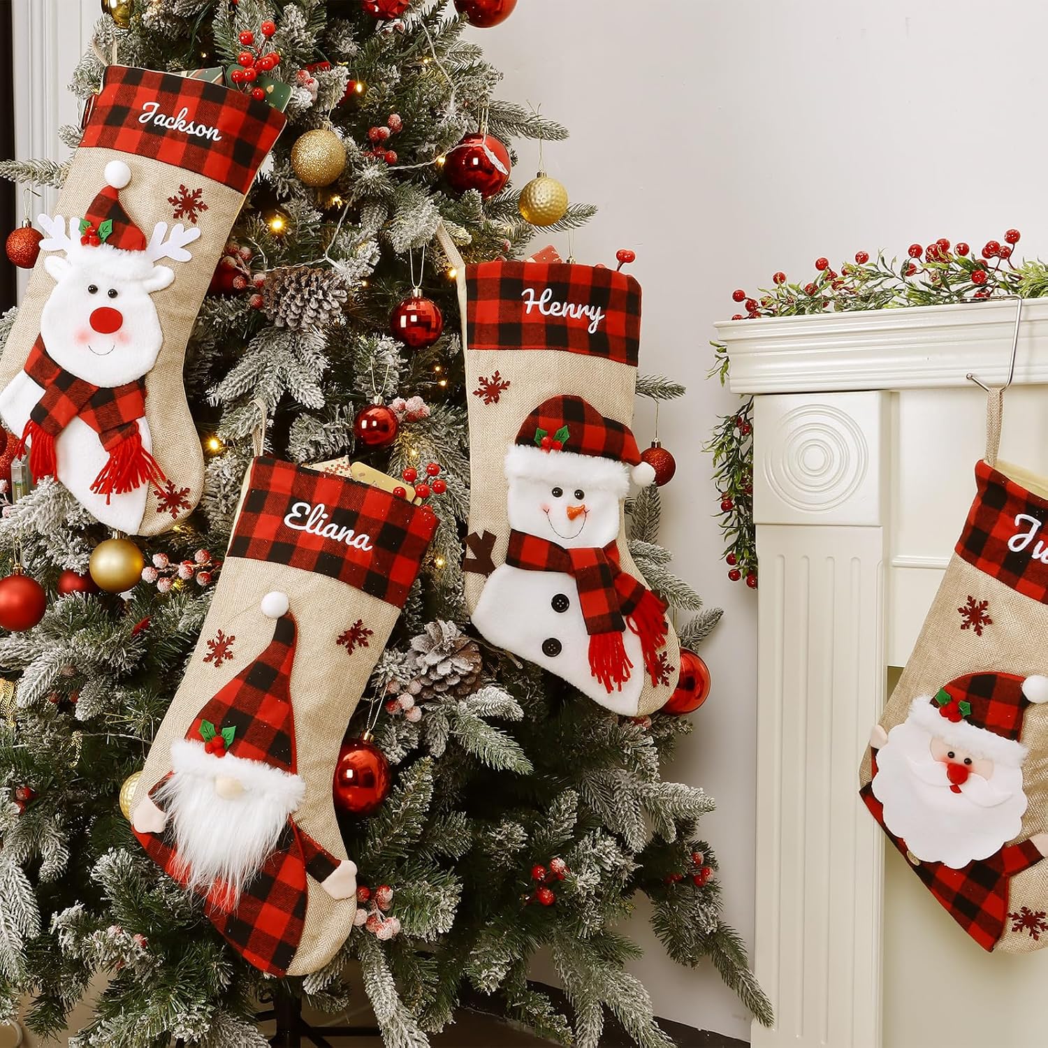 Bemaystar Personalized Christmas Stockings - 18.5'' Embroidery Custom Christmas Stockings with Names, Burlap Plaid Stockings Xmas Decor Gifts for Family Kids Holiday Party, 1-Pack Choose Any Styles