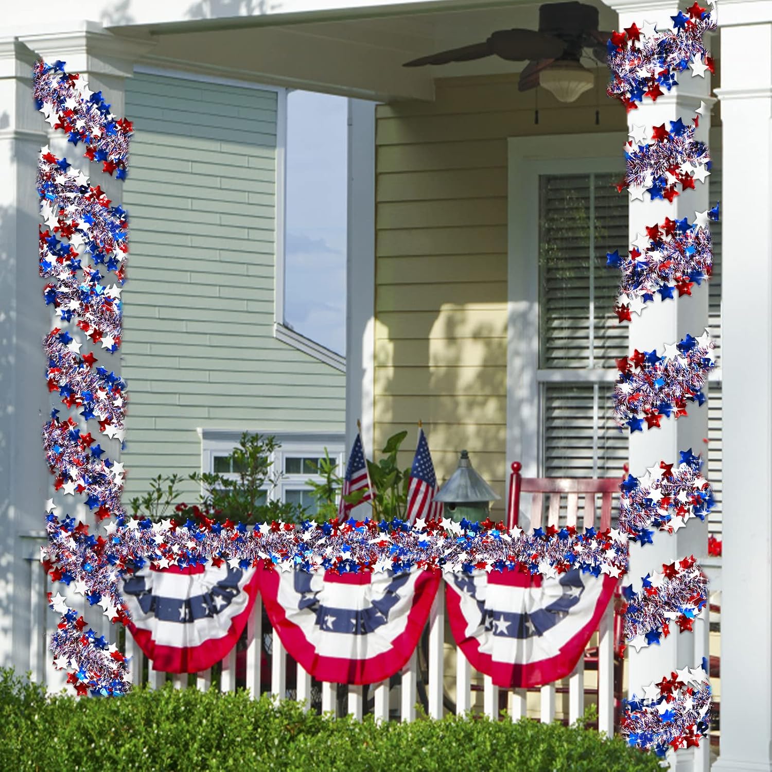 2 Pack Total 66 FT 4th of July Garland Decorations, Red White and Blue Garland Patriotic Tinsel Garlands USA 250th Anniversary Independence Day Memorial Day Decor for Car Golf Cart Parade Float Bike