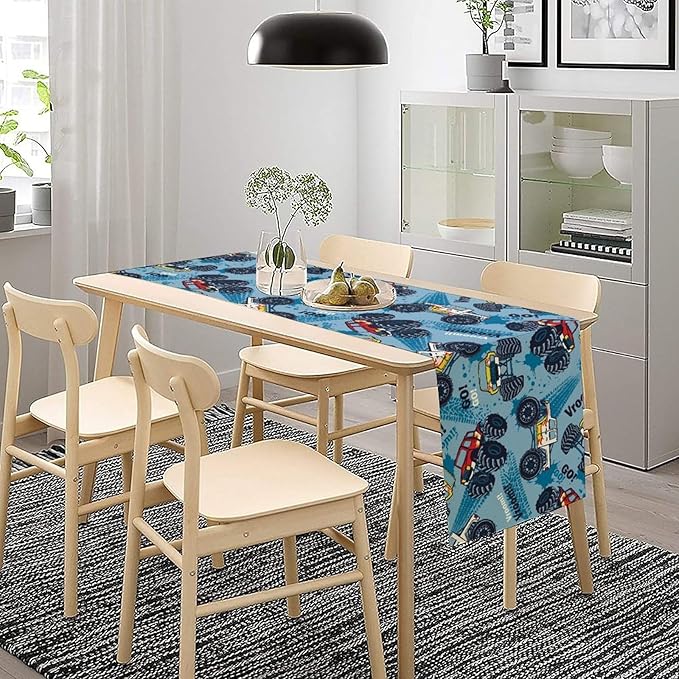Monster Truck Table Runner,for Kids Boys Cool Colorful Cartoon Blue Cars Pattern Print Tablecloth Burlap for Hotel Indoors Outdoor Dining Room Kitchen Home Decor,W13X L36 in
