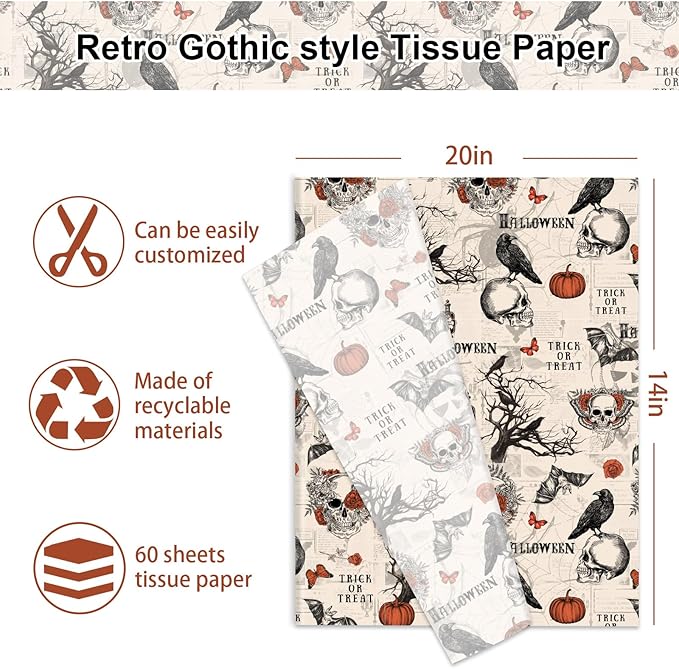 JarThenaAMCS 60 Pcs Halloween Tissue Paper Retro Gothic Skull Crow Pumpkin Wrapping Paper Decorative Art Tissue for Home Party Trick or Treat DIY Crafts, 14 x 20 Inch
