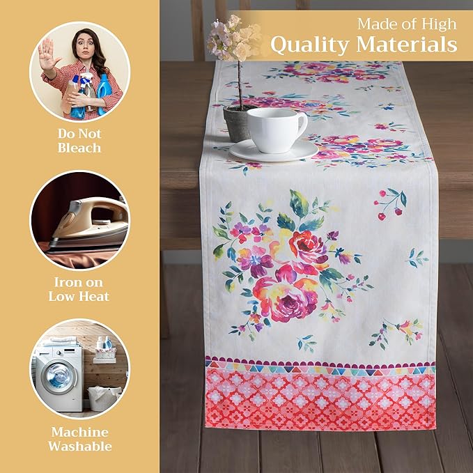 Maison d' Hermine Table Runner 100% Cotton Single Layer Table Runners 108 inches Long Decorative for Home Kitchen Dining Party Wedding Bridal Shower Spring Summer (Rose Garden, 14.50" x 108")