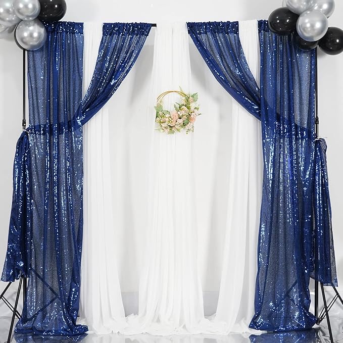 Poise3EHome 2ft x 8ft Blue Sequin Photography Backdrop Curtains 2 Panels for Party Decoration, Navy Blue