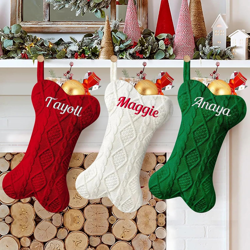 NIBESSER Personalized Dog Christmas Stockings Custom Name Knit Christmas Stockings 16.7” Large Xmas Stocking for Dogs Cats Pet Bone Shape Rustic Farmhouse Fireplace Hanging Ornament