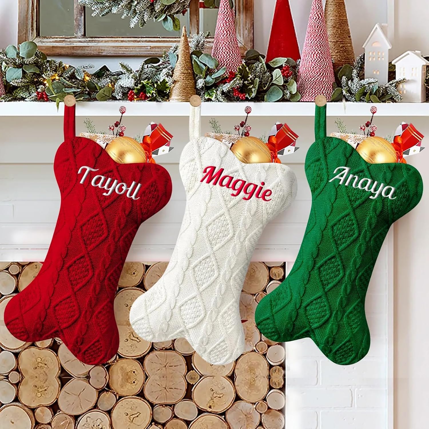 NIBESSER Personalized Dog Christmas Stockings Custom Name Knit Christmas Stockings 16.7” Large Xmas Stocking for Dogs Cats Pet Bone Shape Rustic Farmhouse Fireplace Hanging Ornament