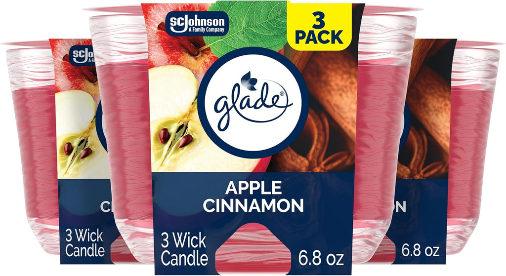 Glade 3-Wick Scented Candle Jar, Apple Cinnamon, Air Freshener Infused with Essential Oils, 6.8 Oz, 3 Count