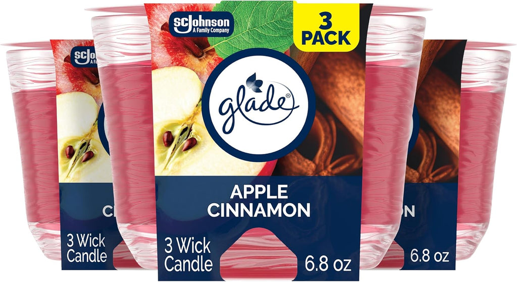 Glade 3-Wick Scented Candle Jar, Apple Cinnamon, Air Freshener Infused with Essential Oils, 6.8 Oz, 3 Count
