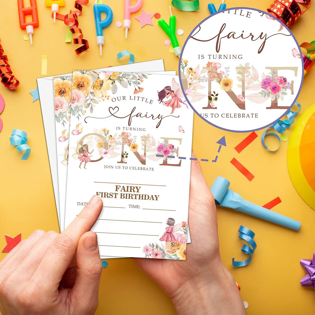 Fairy 1st Birthday Party Invitation, Garden Fairy Themed Fill-In Invites, 20 Floral Invitations With Envelopes for Women (4" X 6"), Adults Butterfly Party Favors Decorations and Supplies -56