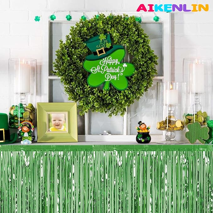 6 Pack 29x108 Inch Metallic Foil Fringe Tinsel Table Skirts Banner for Rectangle Tables Streamer Curtains Backdrop for Wedding, Birthday, Parade Floats, St Patrick Day Party Decoration(Light Green)