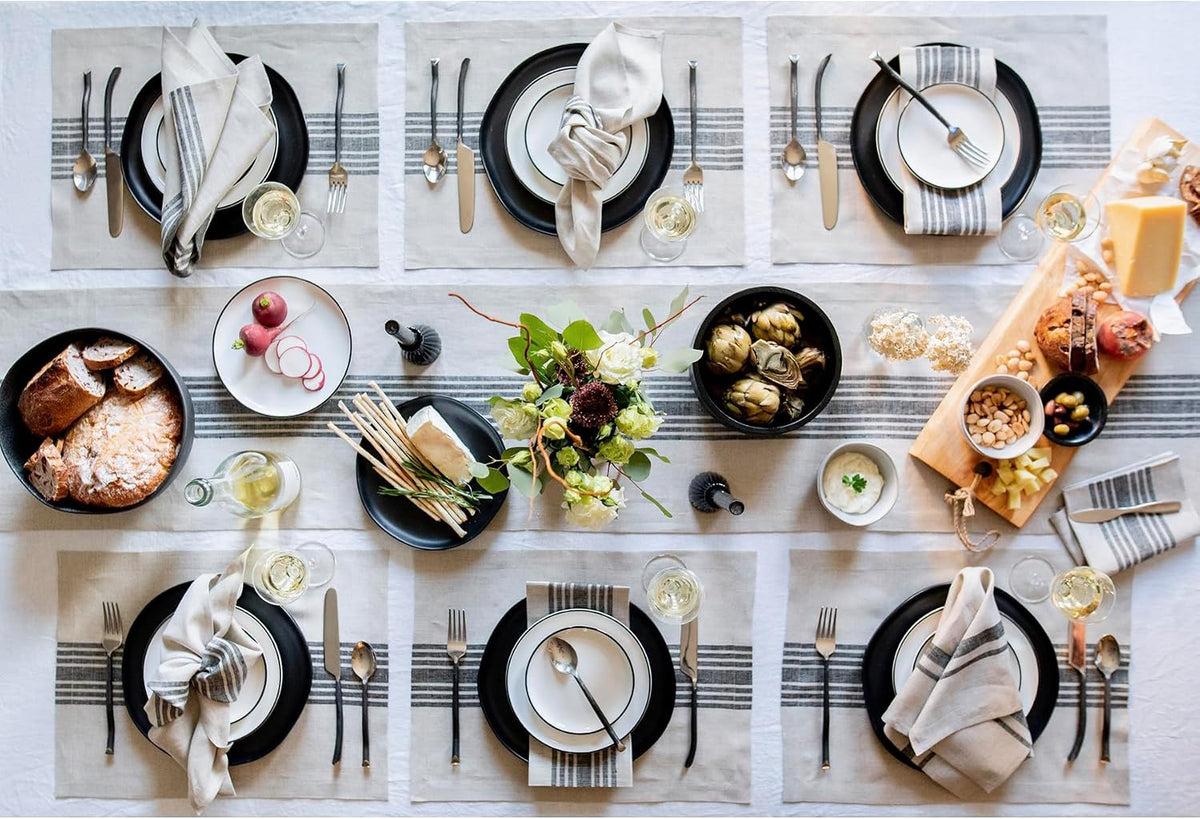 Solino Home 100% Linen Table Runner, 14 x 60 in, Black and Natural Striped