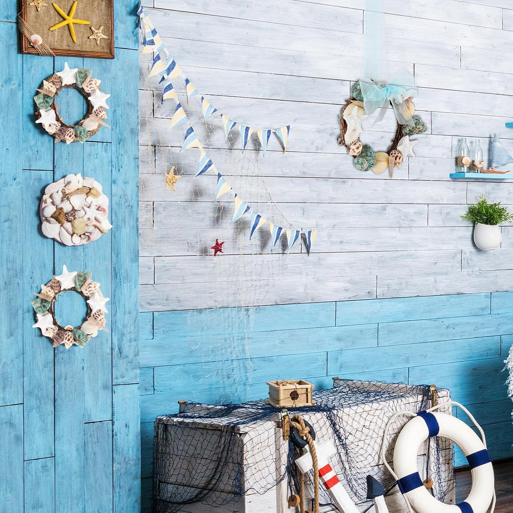 6 Pcs Summer Seashell Mini Starfish Wreath with Ribbon Beach Pillar Candle Holder Natural Shell Hanging Wreath for Front Door Ocean Cruise Wedding Parade Window Fireplace