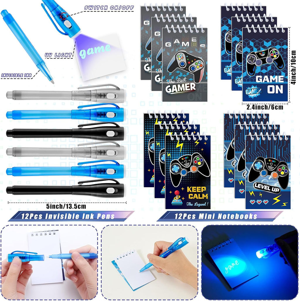 84Pcs Video Game Party Favors Birthday Supplies Kids Boys Invisible Ink Pen Notebook Silicone Bracelet Stamper Tattoo Sticker Gaming Toy Gift Bag Goodie Bag Stuffers Gamer Party Favors