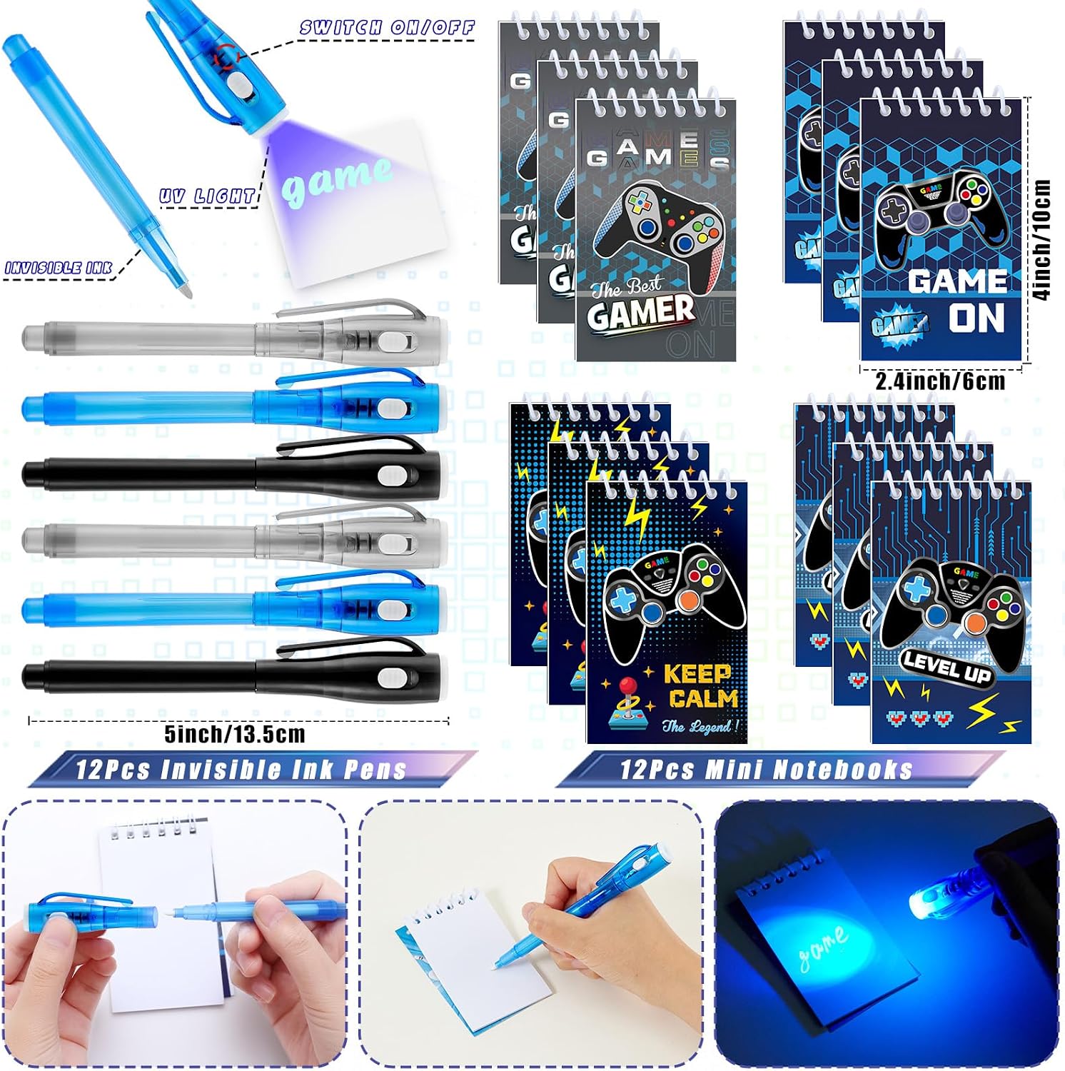 84Pcs Video Game Party Favors Birthday Supplies Kids Boys Invisible Ink Pen Notebook Silicone Bracelet Stamper Tattoo Sticker Gaming Toy Gift Bag Goodie Bag Stuffers Gamer Party Favors