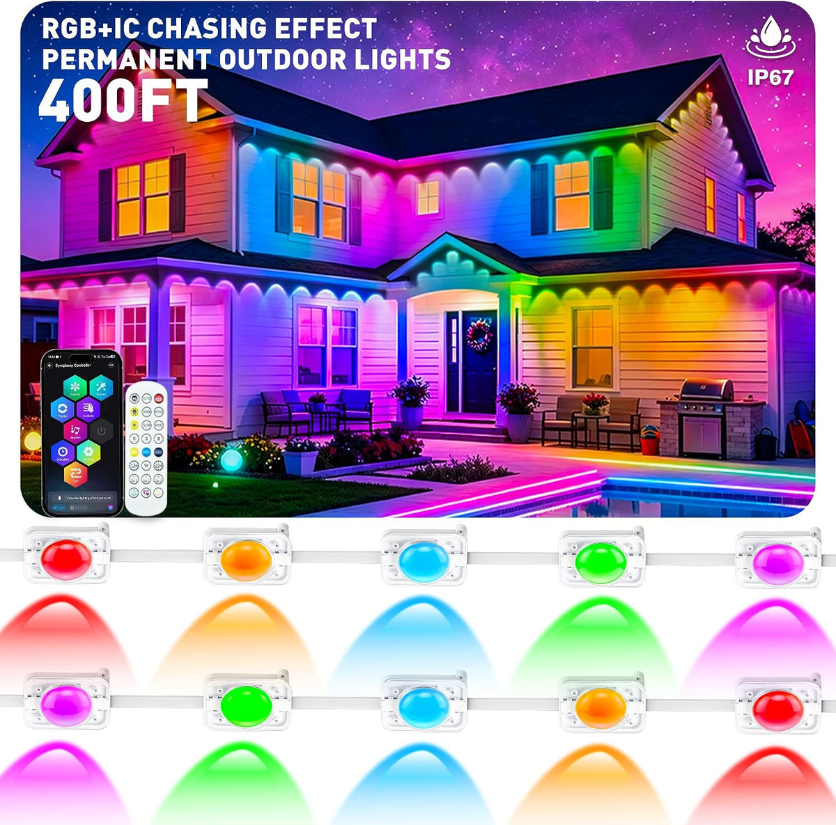 400FT Permanent Outdoor Lights, Smart RGB+IC Eaves Lights for House, App &amp...