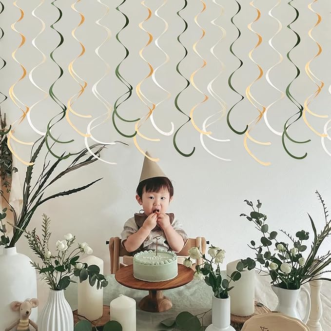36Pcs Sage Green Hanging Swirl Decoration Olive Green Tan Brown Cream Neutral Felt Swirl Streamer Spiral Ceiling Garland for Greenery Safari Jungle Woodland Birthday Baby Shower Wedding Party Supplies