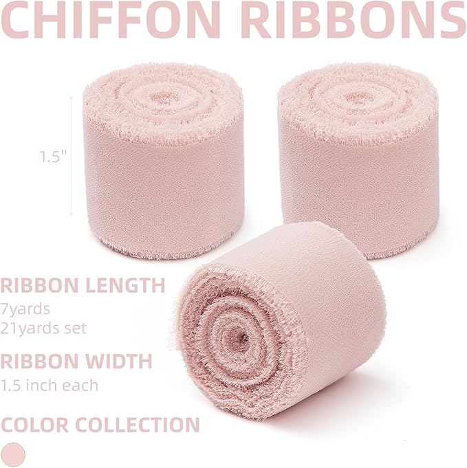 3 Rolls Light Pink Handmade Chiffon Ribbon,1.5" x 21Yd Frayed Fringe Silk Ribbons (3 Rolls *7Yd) for Gifts Wrapping, Wedding Invitations, Bridal Bouquets, Decorations